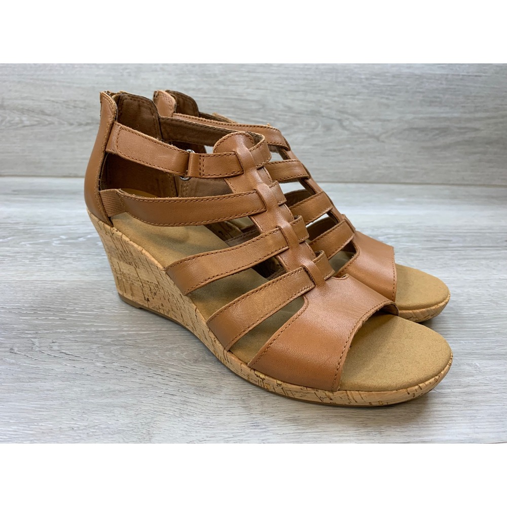 Rockport Women's Tan Leather Cage Wedge Sandals Brown Women's 11 Comfort Shoes